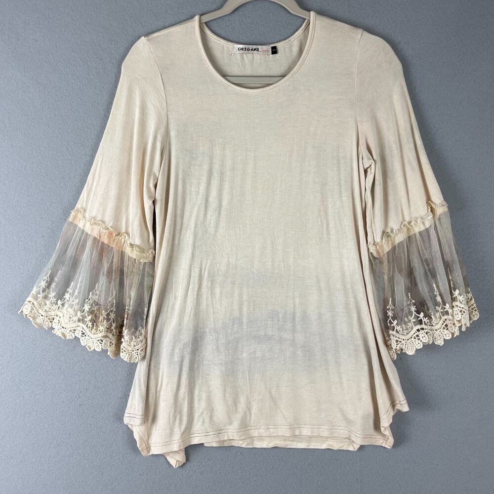 Origami by Vivian Top Womens Small Beige Embroidered Sheer Lace Boho Artsy